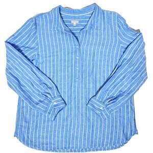 Talbots Linen Blend Oversized 1/4 Button Top Blouse Blue Striped Women's Size L